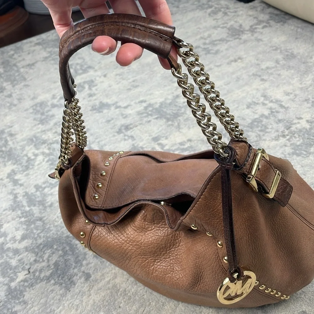 MICHAEL Michael Kors Middleton Hobo Bag Studded Embossed Leather Brown Cognac